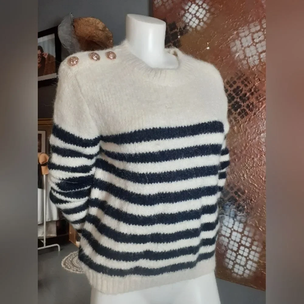 Nwot Zara Wool Blend Cream And Navy Striped Sweater - Picture 14 of 14